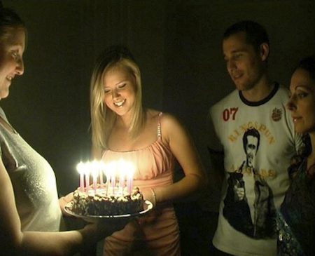 Party time for Ellie’s Mum (Sally Reeve), Ellie (Sasha Jackson)  and Mark (Travis Oliver) as Ellie prepares to blow out the candles